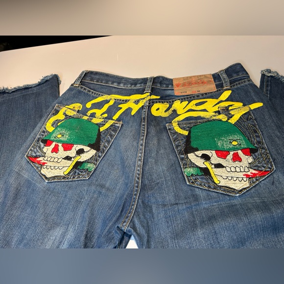 Y2K Super Rare Ed Hardy Army Skull Denim Jeans Christian Audigier Men Size 33 - Picture 12 of 16